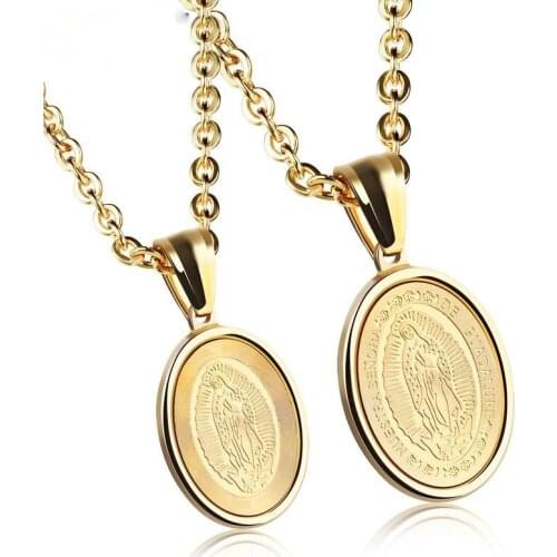 Megin D Stainless Steel Titanium Gold Holy Virgin Mother of God Maria Vintage Pendant Collar Chain Necklace for Men Women Jewelr