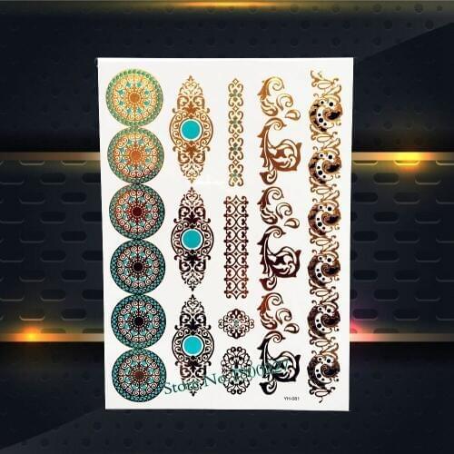 Fashion Tempoary Gold Tattoo Round Circle Jewelry Stickers 21x15CM Women Body Art Waterproof Henna Metallic Tattoo Sticker