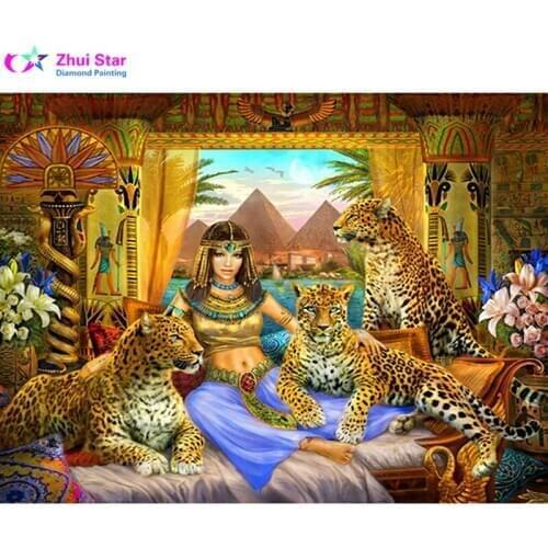 5D Diy diamond painting kit 3D cross stitch Egypt Queen and Leopard Full Round Diamond embroidery Diamond Mosaic Home Wall