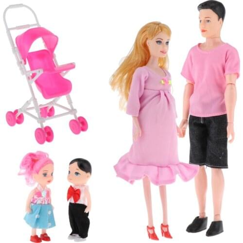 Family Doll Set Dad Pregnant Mom Daughter Son Baby for Birthday Girls Pink