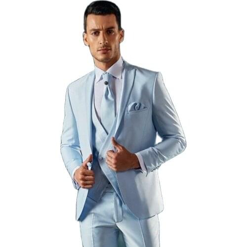 New Arrivals Light Blue Mens Dinner Prom Suits Groom Tuxedos Wedding Blazer Dress (Jacket+Pants+Vest+Tie) W:114