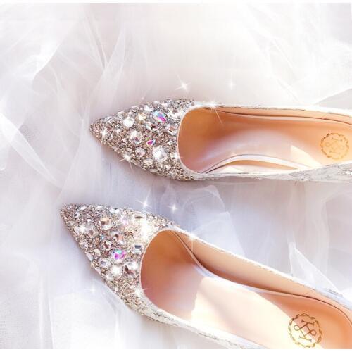 New Spring Silver Crystal Shoes, High-heeled Cinderella Wedding Shoes, Bride Shoes, Diamond Wedding Shoes, Short Single Shoes