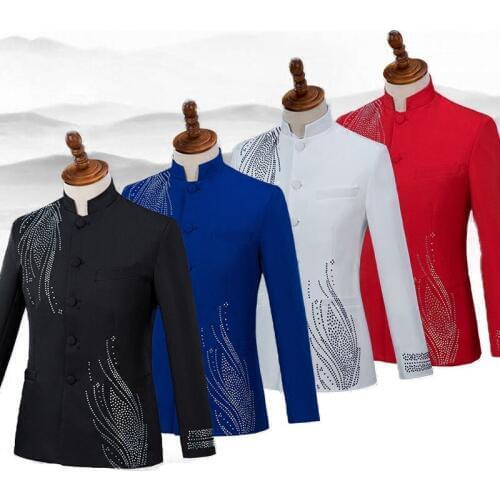 Chinese style Formal Mens Suits Adult Costume Male Singer Chorus Wedding groom dress Host performance stage outfits Blue suit