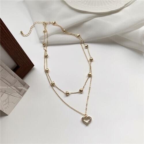 2021 latest fashion double love full Zircon necklace Japanese and Korean personality super fairy clavicle chain necklace