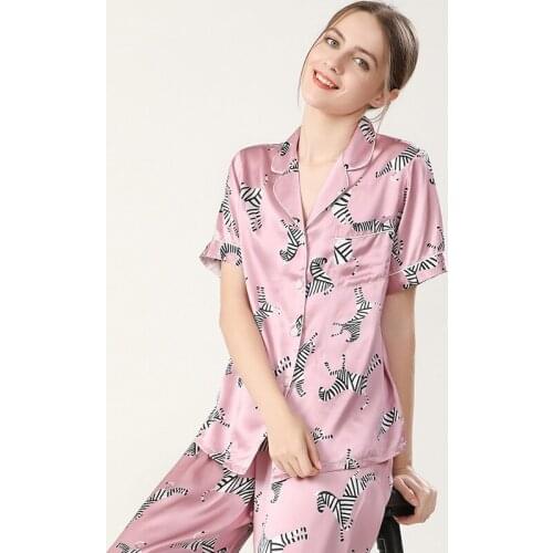 Spring and summer silk pajamas for women two-piece 100% mulbery silk short-sleeved zebra printed silk homewear