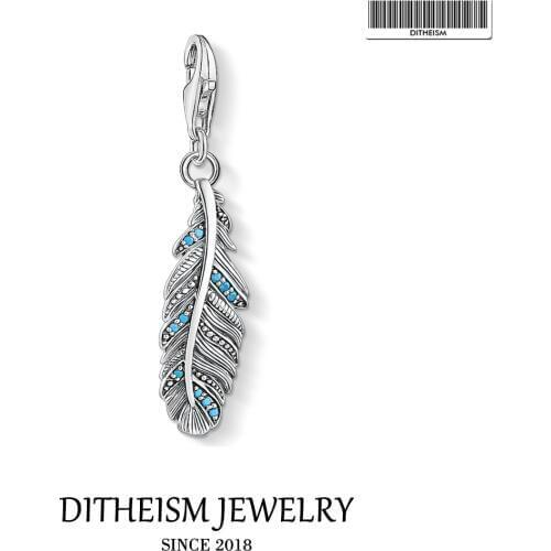 Blue Feather Charm Pendant,2019 Fashion Jewelry 925 Sterling Silver Trendy Gift For Women Men Fit Bracelet Necklace