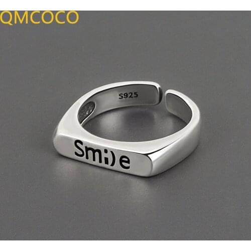 QMCOCO Korean Vintage Smile Fashion Letter Ring INS Style Design 925 Silver Opening Adjustable Finger Accessories