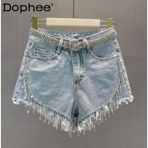 Thin Denim Shorts Womens Fashion 2021 Summer New Slim Slimming Rhinestone Fringed Burr Jean Shorts Female Wide Leg Short Pants