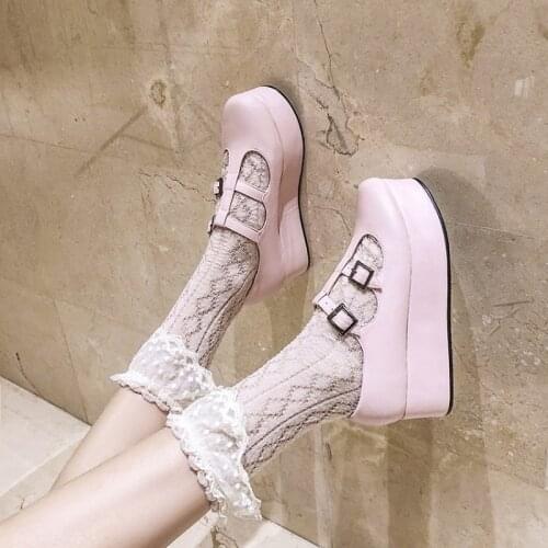 US4-13 Women Round Toe Japanese Mary Janes Lolita Pumps Platform T-Strap Belt Buckle High Heel Retro Shoes Plus Size 3Colors V02