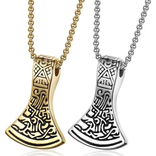 Vintage Nordic Rune Viking Axe Pendant Necklaces Stainless Steel Chain with 24Inch for Men Punk Jewelry