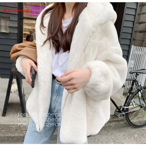 2021 Fashion Women Faux Fur Coat White Winter Casual Warm Hooded Slim Long Sleeve Soft Fox Fur Jacket Casaco Feminino Streetwear
