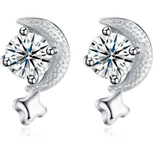 SILVERHOO Romantic Star And Moon 925 Sterling Silver Stud Earrings For Women Clear Cubic Zirconia Girl Earring Fine Jewelry