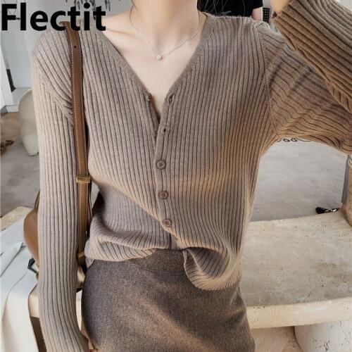 Flectit Womens Crop Cardigan V-neck Button-Up Long Sleeve Rib-Knit Tops Open Front Sweaters Cardigans Outfit