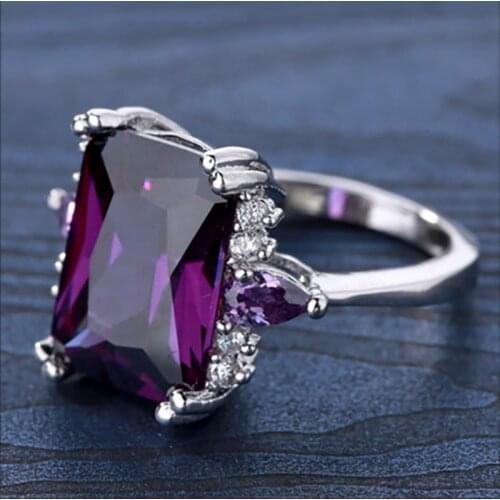High Quality Silver Color Purple Crystal Cubic Zircon Rhinestone Female Ring for Women Party Jewelry Accessories
