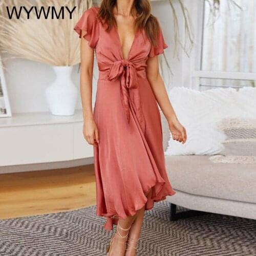 WYWMY Womens Ruffles Midi Dress Sexy V-Neck Short Sleeve Lace Up Female Dresses 2021 Summer Party Casual Lady Long Vestidos