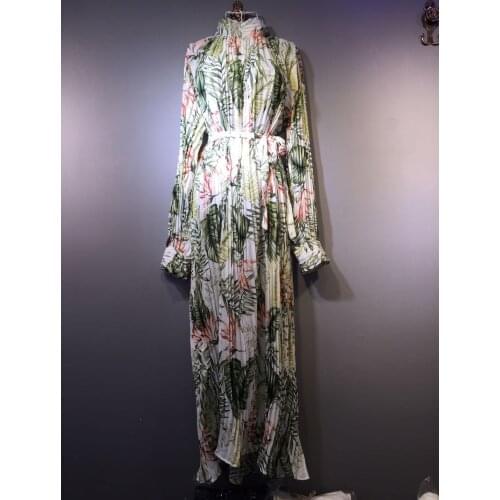 New Stand Loose Sliim Belt Pleated Full Printed Chiffon Fashionable Ankle-Length Dress for Women