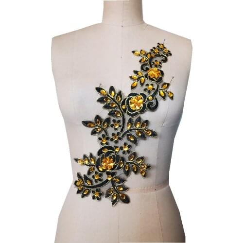 2019 hot sale handmade black gold crystal patch stitched on rhinestone applique with sequins sequin beads 36 * 15cm dress skirt