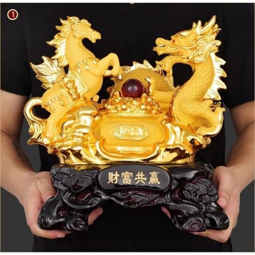 ASIA HOME OFFICE SHOP COMPANY BUSINESS PROSPERITY GOOD LUCK SUCCESS GOLD-PLATING FORTUNE DRAGON HORSE FENG SHUI TALISMAN STATUE