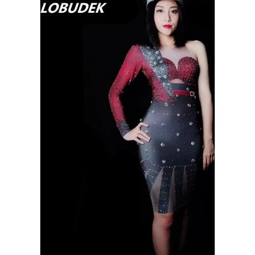 Sparkly Crystals Single Sleeve Leotard Dress Sexy Bar Party Women Singer Host Stage Costume Nightclub Female Dance Show Dresses