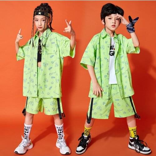 ChildrenS Hip-Hop Clothing Girls Summer Jazz Dance Costumes Hiphop Print Short-Sleeved Suit Boys Catwalk Stage Costumes DQS7473