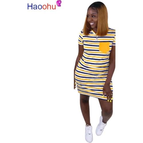 HAOOHU 2020 Women Summer Fashion Dress Mini Dress Striped Print Short Sleeve Sexy Bandage Beach Night Club Party Dresses Vestido