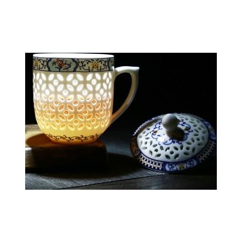 Exquisite 300ml Jingdezhen Hollow Honeycomb Glass Ceramic Porcelain Tea Cup Health Cup Mug Milk Coffee Tea Cup with Lid Saucer