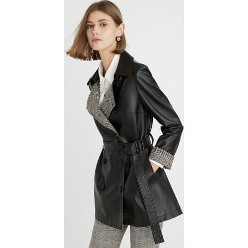 Lautaro Spring soft black leather jacket women long sleeve lapel belt double Breasted leather trench coat for women 2021 fashion