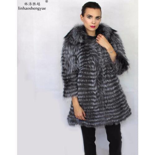 Linhaoshengyue Fox Lithium Plus Long 90cm Long Fur Coat Lapels,Real Silver Fox Fur Coat ,Winter Warm Women