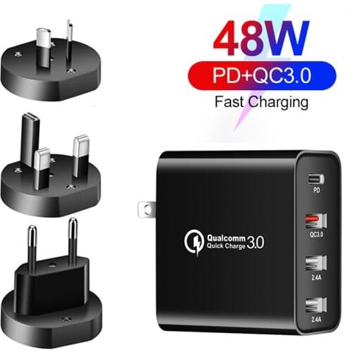 48W 4 Ports USB Wall Charger AU EU UK Plug Adapter QC3.0 Universal Mobile Phone Quick Charge For iPhone 12 Pro Max Xiaomi Huawei