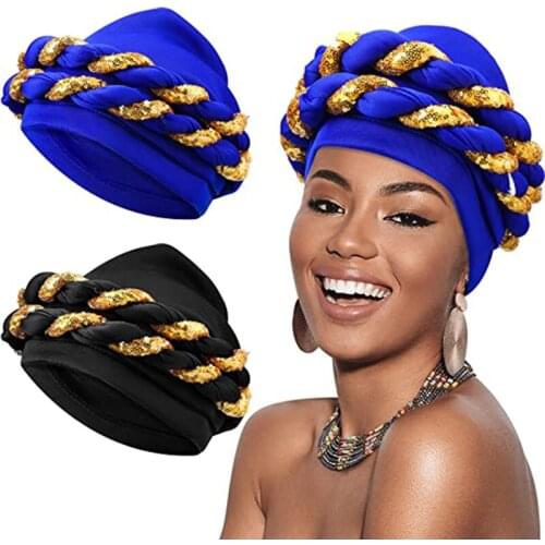 Fashion African Auto Gele Headtie Sequins Braids Womens Turban Cap Muslim Headscarf Bonnet Ready to Wear Hijab Wedding Hat