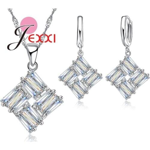 Fashion Bands Jewelry Set For Women Square CZ Pendant Necklaces Hoop Earring 925 Sterling Silver Jewelry Sets