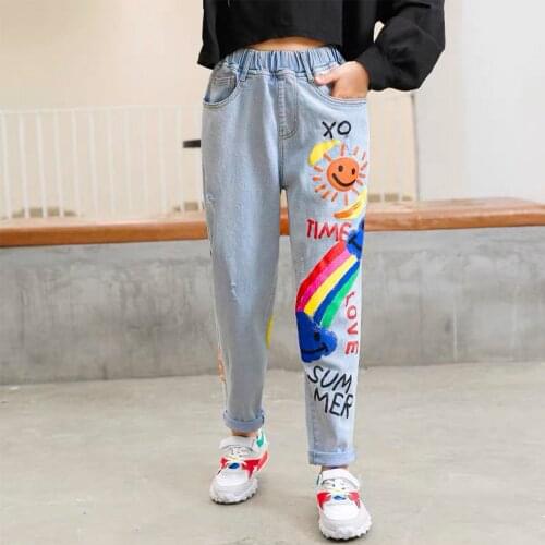 Oyolan 2021 Fashion Girls Cartoon Jeans High Waist Elastic Denim Pants Childrens Clothing Fashion Cute Print Trousers 4-13Yrs