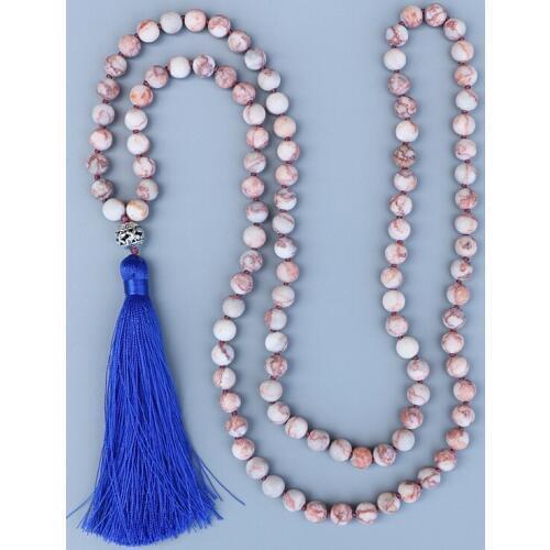 EDOTHALIA Handmade Knotted Mala Necklace Women 8MM Matte Red Network Stone Butterfly Ball Pendant 108 Beads Necklace
