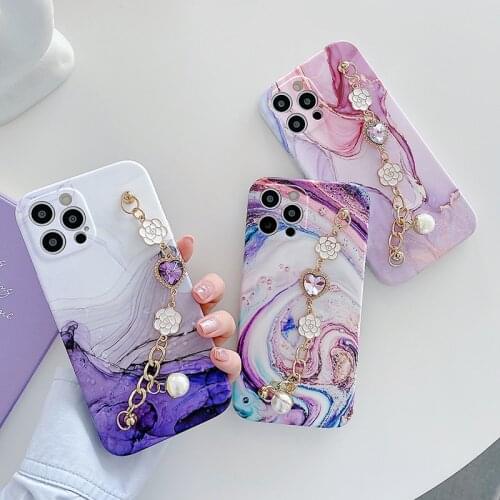 Luxury Crystal Love Heart Chain Wrist Bracelet Soft Case For iPhone 12 Pro Max 11 Pro Max X XS XR 7 8 Plus SE 2020 Marble Cover