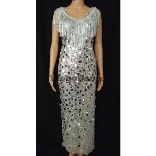 Sexy Sparkly Rhinestones Sequins Dress Women Birthday Party Transparent Mesh Long Bar Singer Stage Wear
