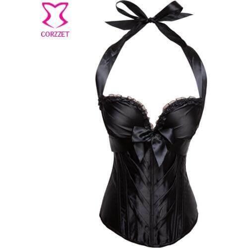 Victorian Black Satin Halter-Neck Push Up For Women Overbust Slim Waist Trainer Sexy Body Bustiers And Corsets Plus Size 6XL
