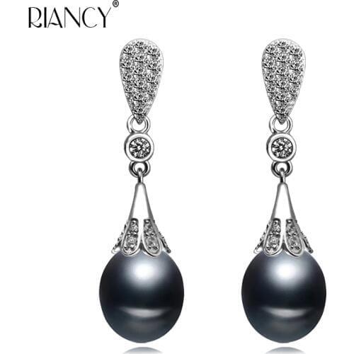 Fashion black Pearl earrings natural Pearl stud Earrings Women long earrings 925 sterling silver wedding gift
