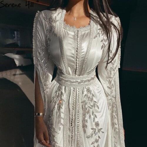 Serene Hill White Satin Luxury Beadings Mermaid Evening Dress 2021 Latest Dubai Cape Sleeves Formal Party Wear Gown CLA71015