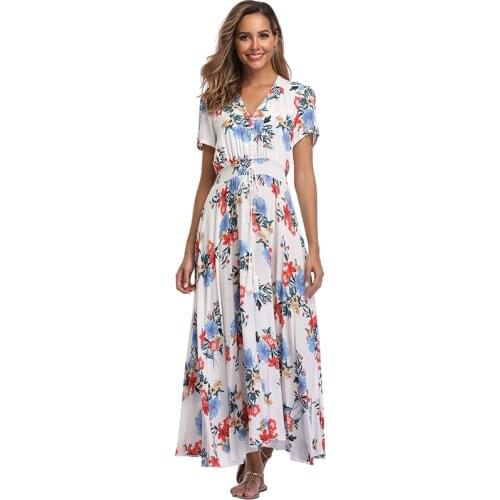 Witbuy Floral Long Dresses Women Summer Dress Sundress Boho Print Beach Dress With Defined Waist V Neck Evening Party Vestidos