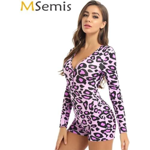 Women Exotic Letters/Leopard Print Bodycon Long Sleeve Sexy Deep V Bodysuit Nightwear Club Sleepwear Party Short Rompers Pajamas