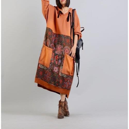 Women Spring Hooded Print Patchwork Plus Size Dress Loose Retro Casual Printed Dress Female Retro Dress 2019