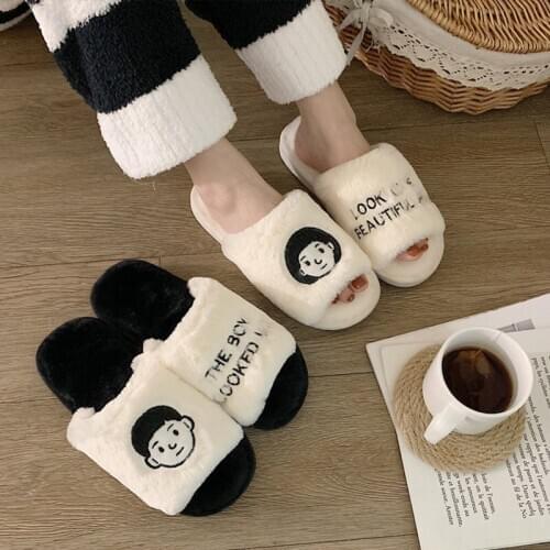 Women Winter Home Indoor Couple Slippers Womens Warm Cotton Shoes Warm Plush Ladies PU Leather Platform Comfort Slipper