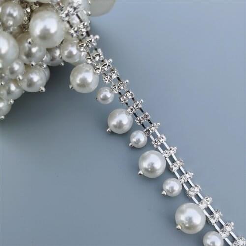 1 Meter Pearl Crystal Chain Tassel Bling Rhinestone Trim Ribbon Necklace Applique Dress Artcraft House Costume Sewing Decoration