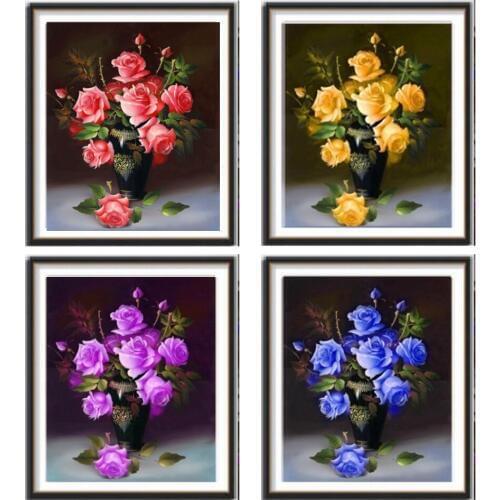 5D diamante pintura rosa flor florero redondo diamante mosaico decoración del hogar patrón DIY hecho a mano regalo de año nuevo