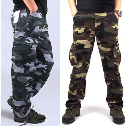 Pure Cotton Men Camouflage Trousers Cargo Pants Outdoor Hiking Sport Training Military Pant Multi Pocket Loose Straight Overalls