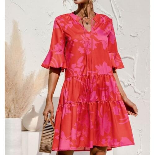 Floral Print Ruffles Summer Dress 2021 New Casual V-neck Butterfly Sleeve Midi Dresses For Women Holiday Beach Sundress Vestidos