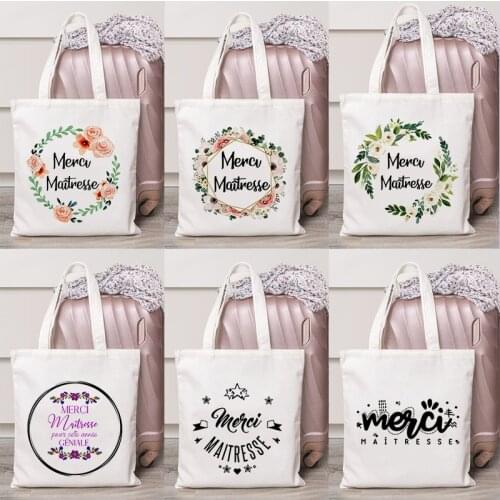 Women Canvas Shopping Totes Female French Print Shoulder Bags Eco Storage Handbag Reusable Foldable Eco Book Pouch Teacher Gifts