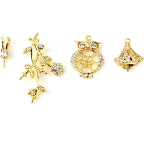 Doreen Box Copper Pearl Pendant Connector Bail Pin Cap 18K Real Gold Plated Clear Rhinestone Jewelry Pendants Findings ,1 Piece