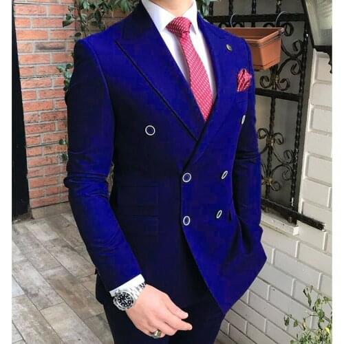 Double Breasted Men Suits Royal Blue Groom Tuxedos Peak Lapel Groomsmen Wedding Best Man 2 Pieces ( Jacket+Pantst+Tie ) D63