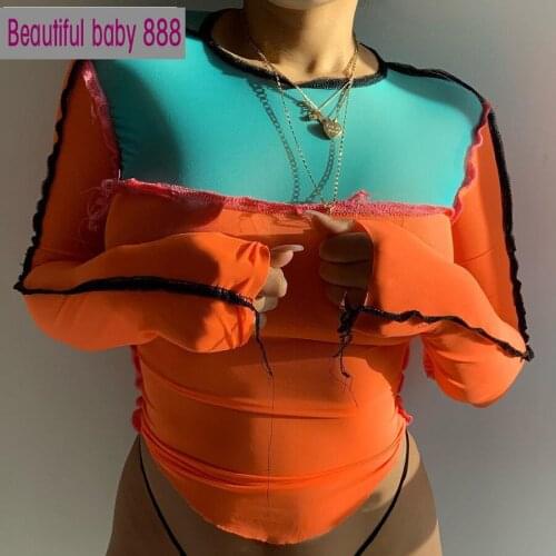 Meqeiss contrast color patchwork long-sleeve T-shirt women 2021 new Street casual wear cool mesh top basic punk top tee female